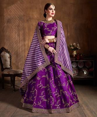 Purple Zari Dori Thread And Sequins Embroidered Art Silk Semi Stitched Lehenga Choli With Dupatta 1