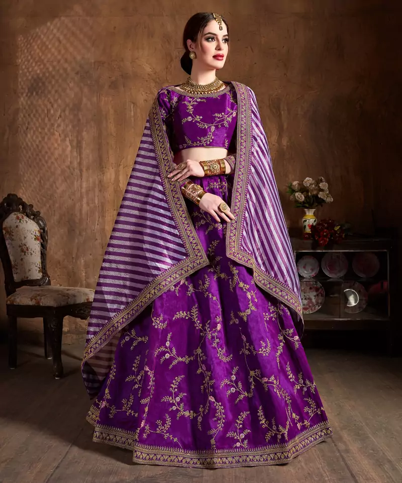 Purple Zari, Dori, Thread And Sequins Embroidered Art Silk Semi Stitched Lehenga Choli With Dupatta