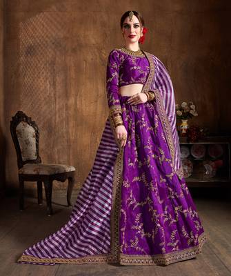 Purple Zari Dori Thread And Sequins Embroidered Art Silk Semi Stitched Lehenga Choli With Dupatta 4