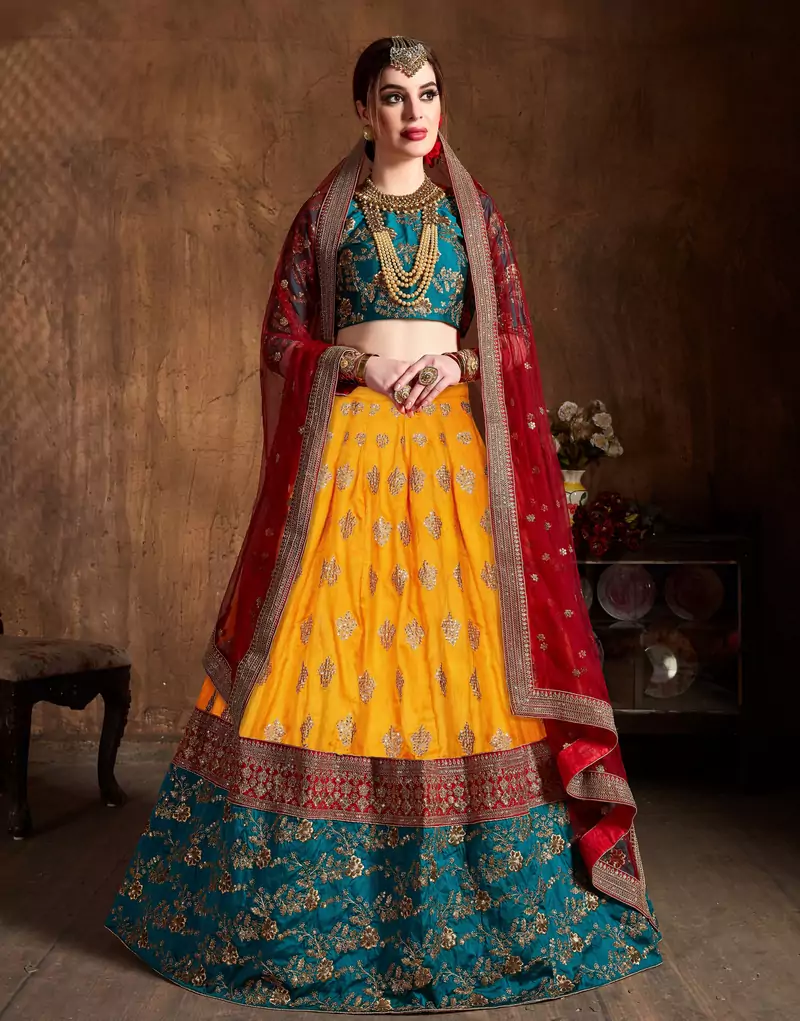Yellow Zari, Dori And Sequins Embroidered Art Silk Semi Stitched Bridal Lehenga
