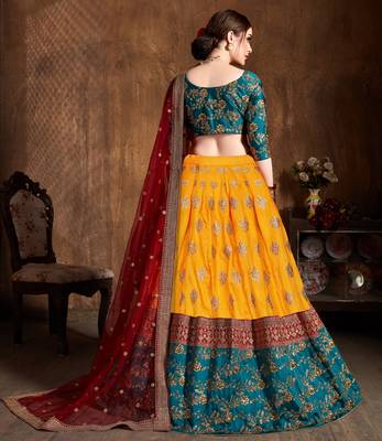 Yellow Zari Dori And Sequins Embroidered Art Silk Semi Stitched Bridal Lehenga 2