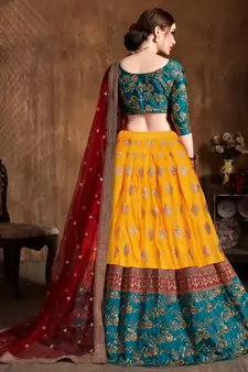 Yellow Zari Dori And Sequins Embroidered Art Silk Semi Stitched Bridal Lehenga