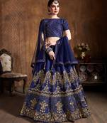 Navy Blue Zari Diamond And Sequins Embroidered Art Silk Semi Stitched Lehenga Choli With Dupatta