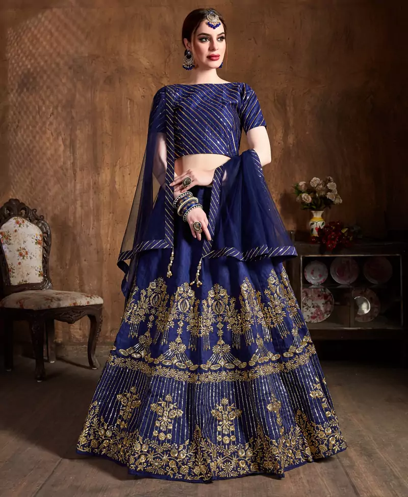 Navy Blue Zari, Diamond And Sequins Embroidered Art Silk Semi Stitched Lehenga Choli With Dupatta
