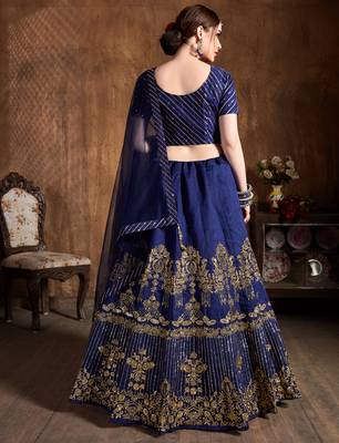 Navy Blue Zari Diamond And Sequins Embroidered Art Silk Semi Stitched Lehenga Choli With Dupatta 2