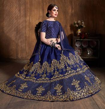 Navy Blue Zari Diamond And Sequins Embroidered Art Silk Semi Stitched Lehenga Choli With Dupatta 3