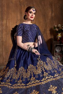 Navy Blue Zari Diamond And Sequins Embroidered Art Silk Semi Stitched Lehenga Choli With Dupatta 4