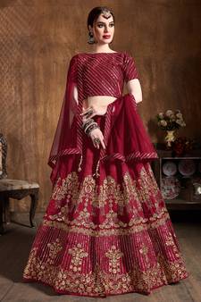 Glamorous Red Zari, Diamond And Sequins Embroidered Art Silk Semi Stitched Bridal Lehenga