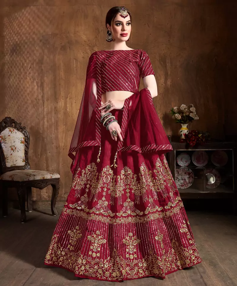 Red Zari, Diamond And Sequins Embroidered Art Silk Semi Stitched Bridal Lehenga