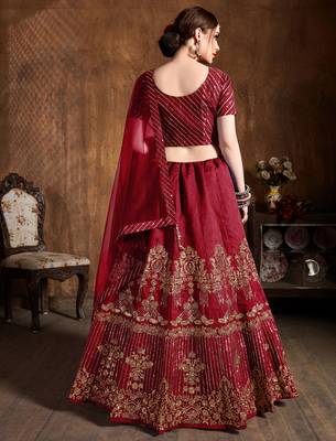 Glamorous Red Zari, Diamond And Sequins Embroidered Art Silk Semi Stitched Bridal Lehenga 2