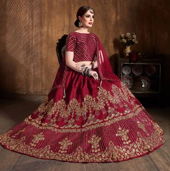 Glamorous Red Zari, Diamond And Sequins Embroidered Art Silk Semi Stitched Bridal Lehenga 3