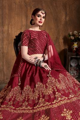 Glamorous Red Zari, Diamond And Sequins Embroidered Art Silk Semi Stitched Bridal Lehenga 4