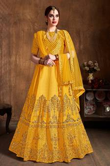Mesmerizing Yellow Zari, Diamond And Sequins Embroidered Art Silk Party Wear Lehenga