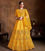 Mesmerizing Yellow Zari, Diamond And Sequins Embroidered Art Silk Party Wear Lehenga