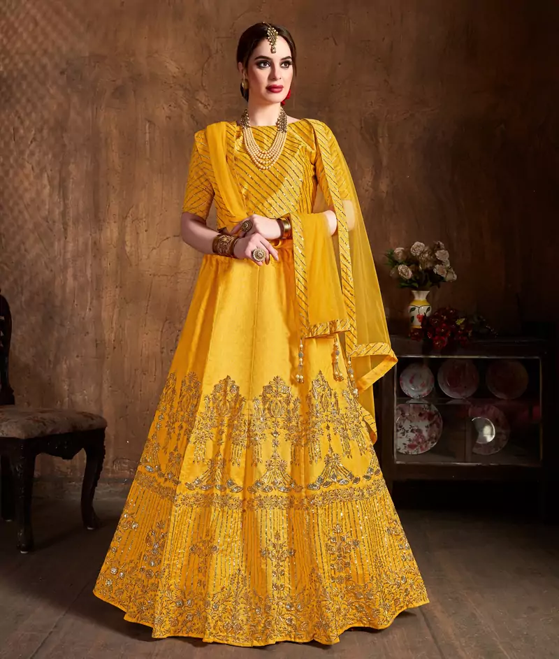 Yellow Zari, Diamond And Sequins Embroidered Art Silk Semi Stitched Lehenga Choli With Dupatta
