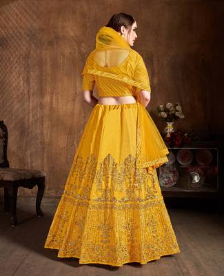 Mesmerizing Yellow Zari, Diamond And Sequins Embroidered Art Silk Party Wear Lehenga 2