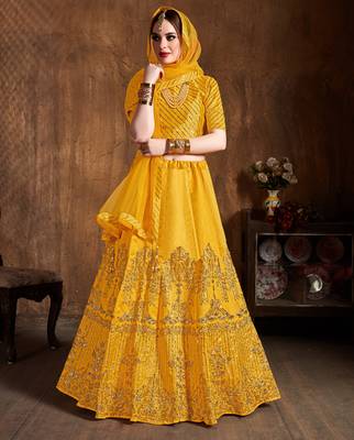 Mesmerizing Yellow Zari, Diamond And Sequins Embroidered Art Silk Party Wear Lehenga 4
