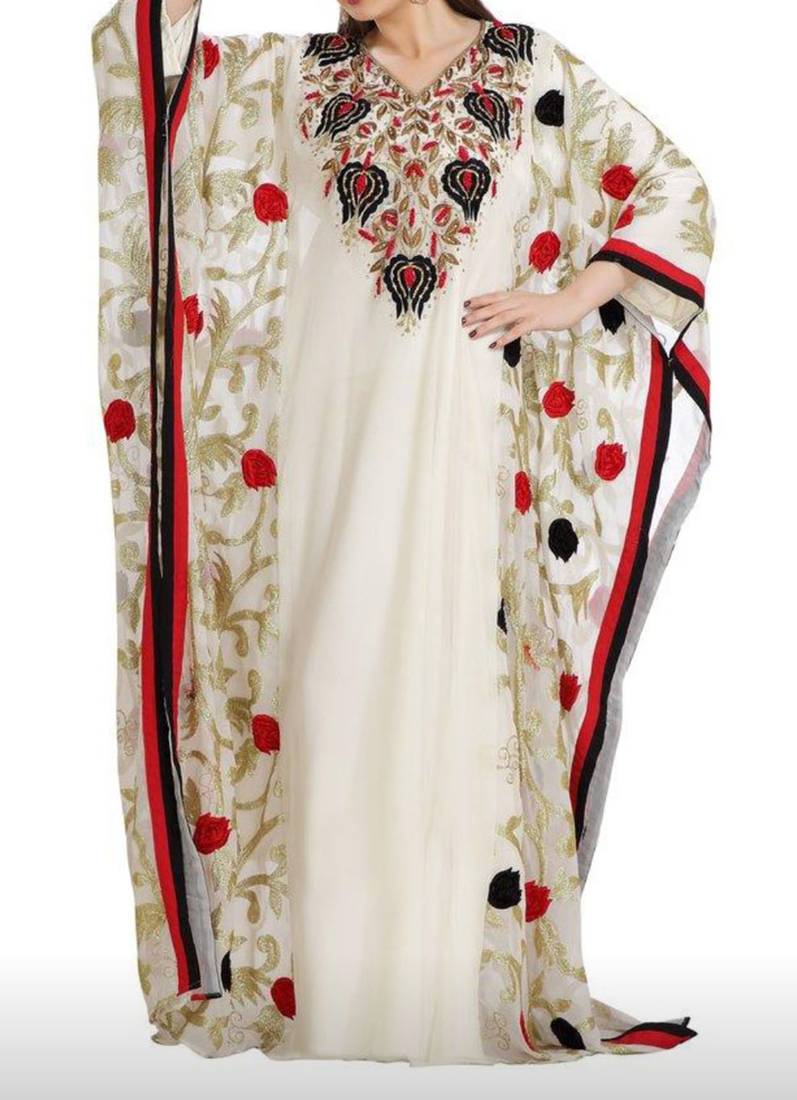 Multicolor Zari Work Stones & Beads Embellish Georgette Islamic Style Arabian Maxi Partywear Kaftan
