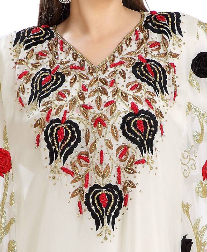 Multicolor Zari Work Stones & Beads Embellish Georgette Islamic Style Arabian Maxi Partywear Kaftan