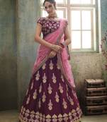 Purple Embroidered Satin Semi Stitched Lehenga
