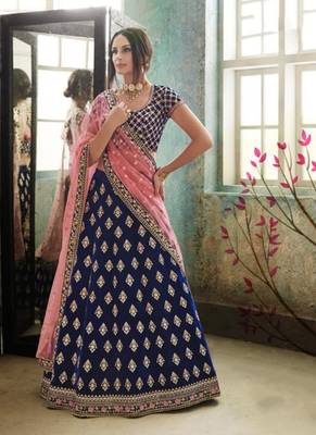 Blue Embroidered Velvet Semi Stitched Lehenga 1