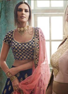 Blue Embroidered Velvet Semi Stitched Lehenga 2