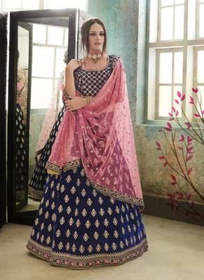 Blue Embroidered Velvet Semi Stitched Lehenga 3