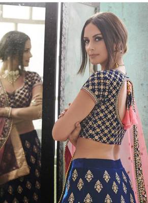 Blue Embroidered Velvet Semi Stitched Lehenga 4