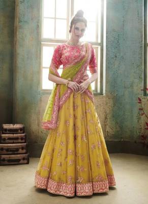 Yellow Embroidered Net Semi Stitched Lehenga 1