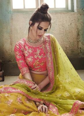 Yellow Embroidered Net Semi Stitched Lehenga 2