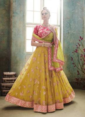 Yellow Embroidered Net Semi Stitched Lehenga 3