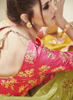 Yellow Embroidered Net Semi Stitched Lehenga 4