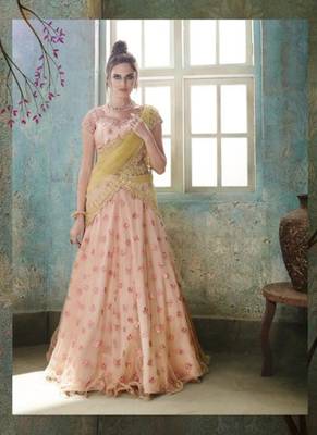 Pink Embroidered Net Semi Stitched Lehenga 1