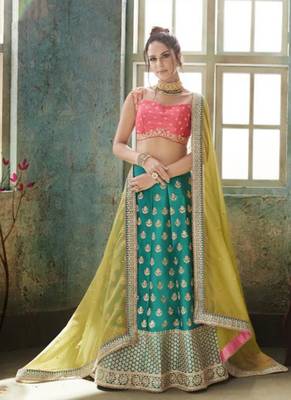 Green Embroidered Satin Semi Stitched Lehenga 1