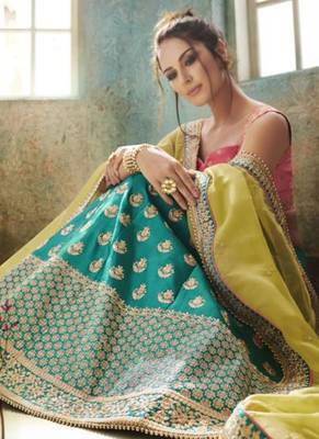 Green Embroidered Satin Semi Stitched Lehenga 2