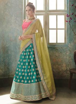 Green Embroidered Satin Semi Stitched Lehenga 4