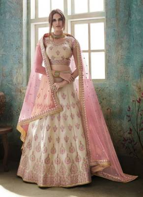 Cream Embroidered Satin Semi Stitched Lehenga 1