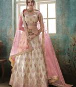 Cream Embroidered Satin Semi Stitched Lehenga