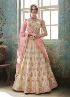 Cream Embroidered Satin Semi Stitched Lehenga 2