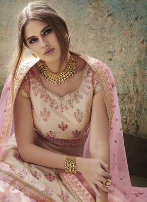Cream Embroidered Satin Semi Stitched Lehenga 3