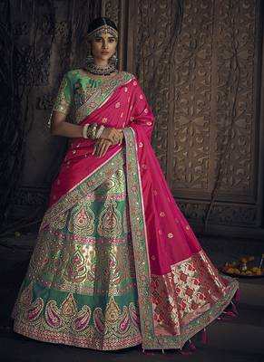 Green Embroidered Silk Semi Stitched Lehenga 1