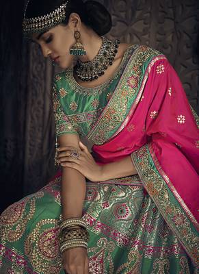 Green Embroidered Silk Semi Stitched Lehenga 3