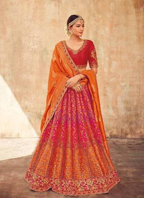 Orange Embroidered Silk Semi Stitched Lehenga 1