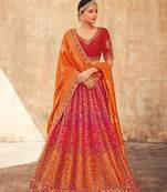 Orange Embroidered Silk Semi Stitched Lehenga