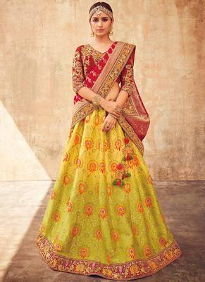 Green Embroidered Silk Semi Stitched Lehenga 1