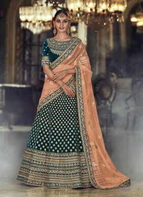 Green Embroidered Velvet Semi Stitched Lehenga 2