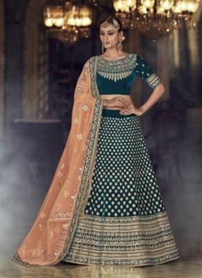 Green Embroidered Velvet Semi Stitched Lehenga 3