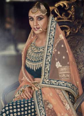 Green Embroidered Velvet Semi Stitched Lehenga 4