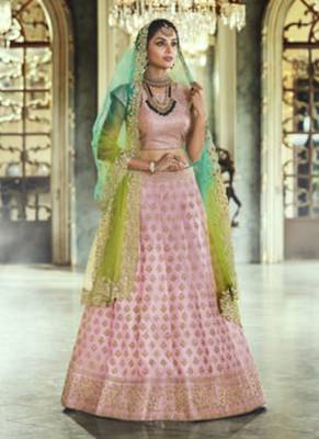 Pink Embroidered Satin Semi Stitched Lehenga 2