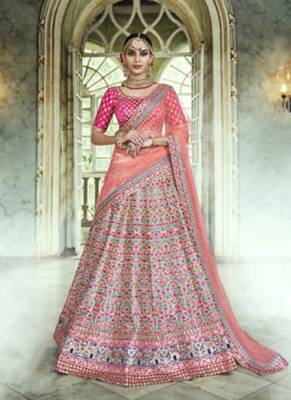 Grey Embroidered Satin Semi Stitched Lehenga 1